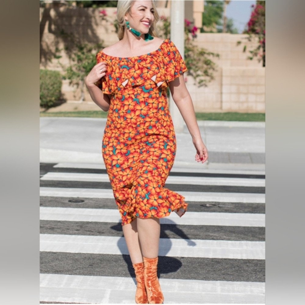LuLaRoe Cici Dress 2XL Orange Teal Floral Ruffle Off Shoulder‎ Midi Stretch